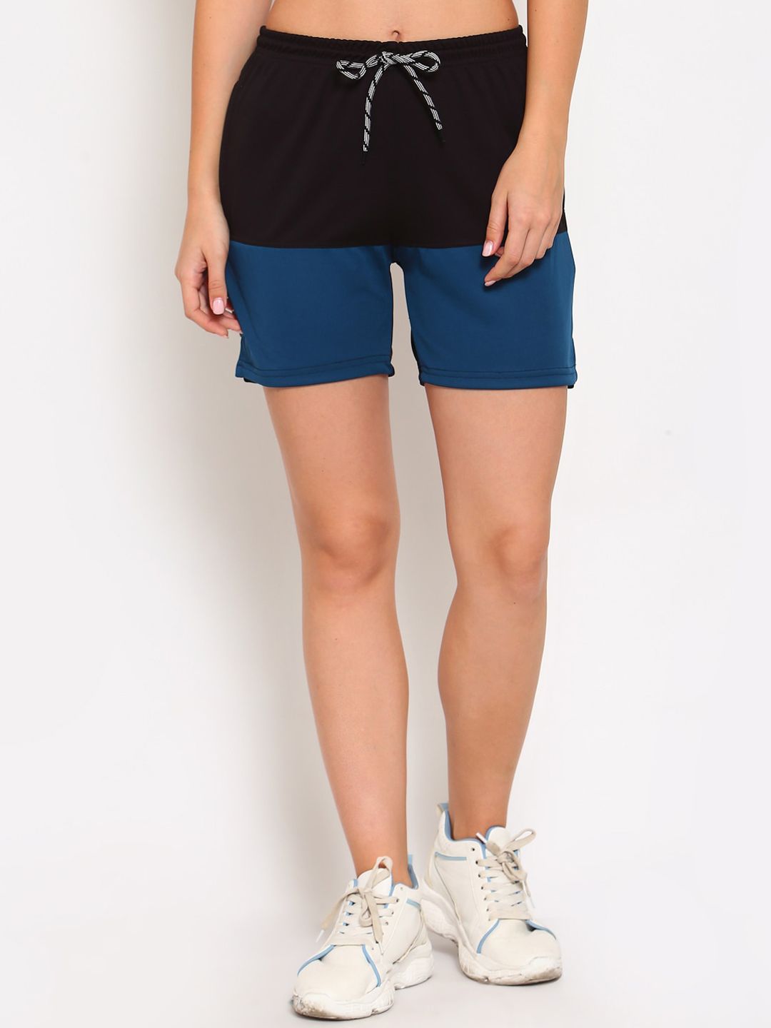 KLOTTHE Women Black and Blue Colourblocked Rapid Dry Outdoor Shorts Price in India