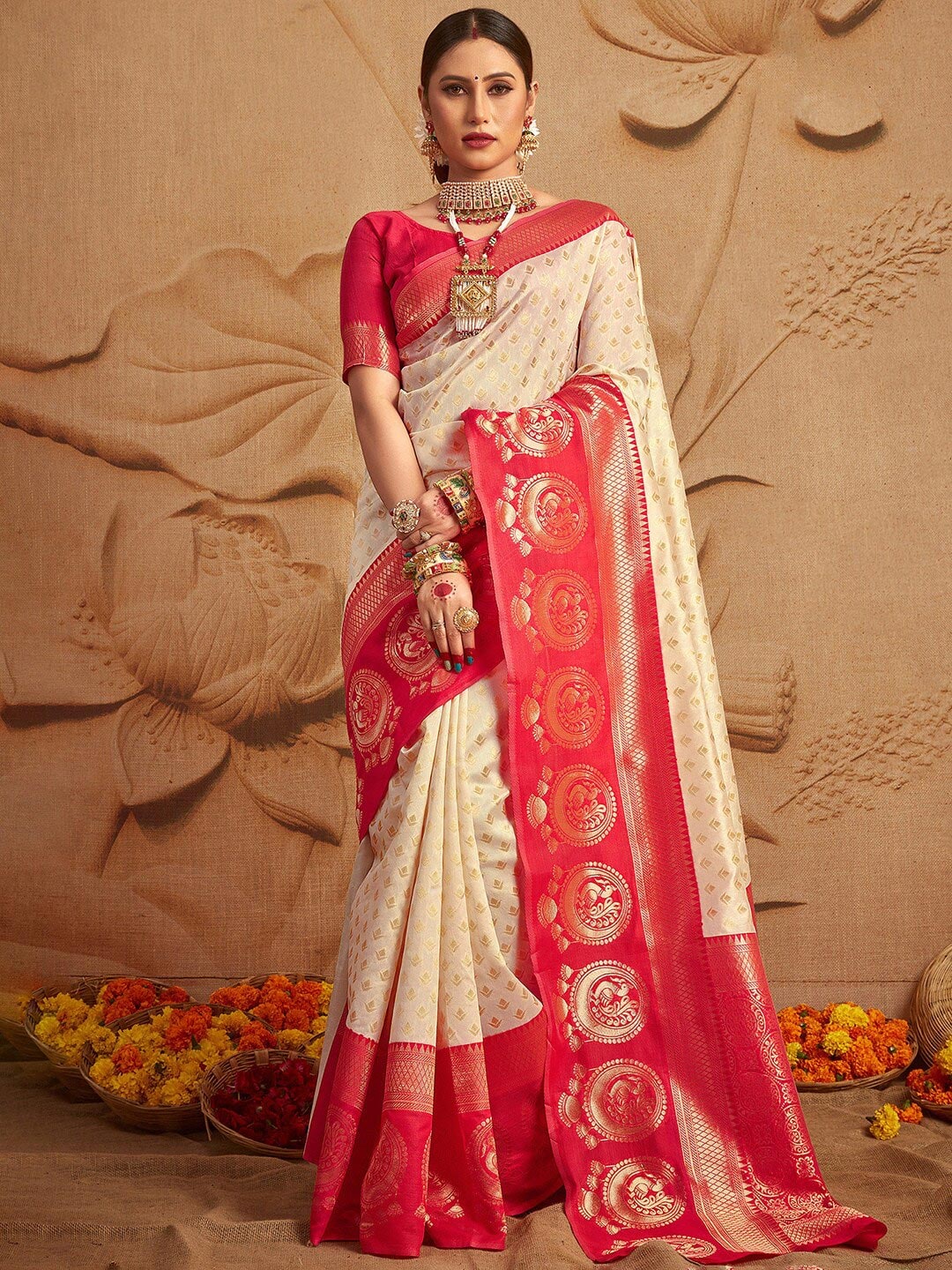 Mitera Off White & Gold-Toned Ethnic Motifs Zari Silk Blend Kanjeevaram Saree Price in India