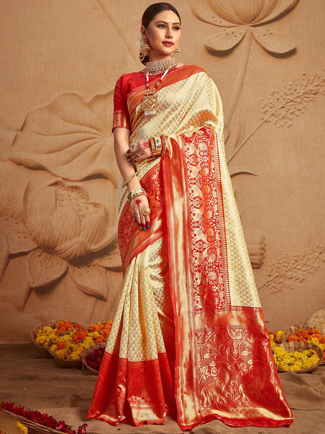 Mitera Off White & Red Ethnic Motifs Zari Silk Blend Kanjeevaram Saree Price in India