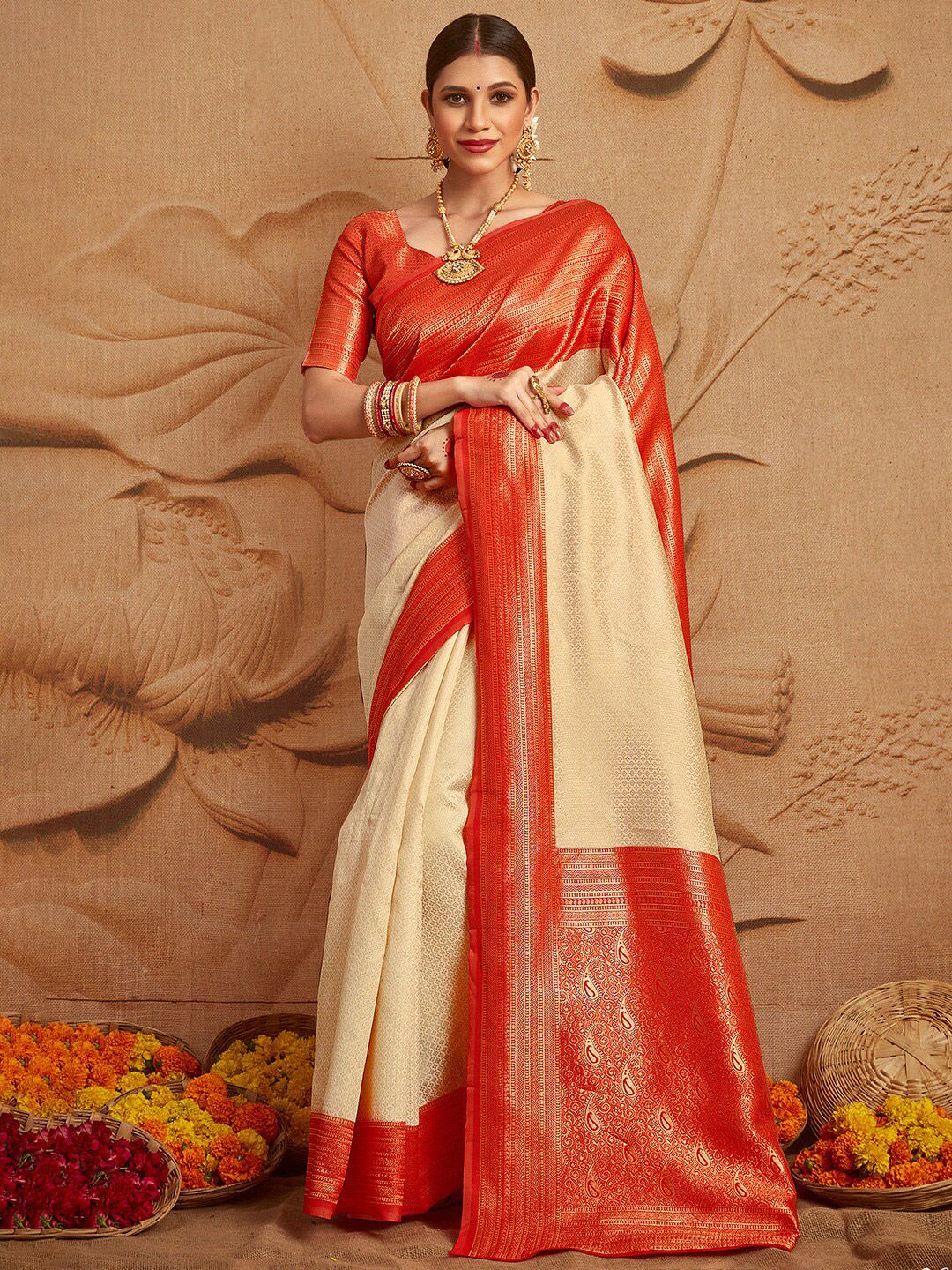 Mitera Off White & Red Paisley Zari Silk Blend Kanjeevaram Saree Price in India