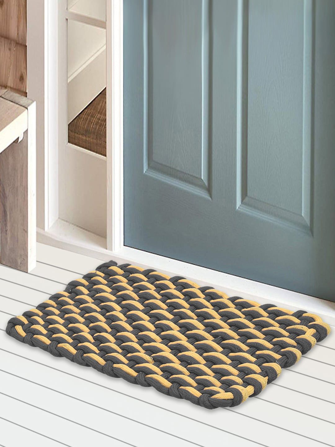 Kuber Industries Set of 3 Black & Yellow Solid Anti-Skid Cotton Doormats Price in India