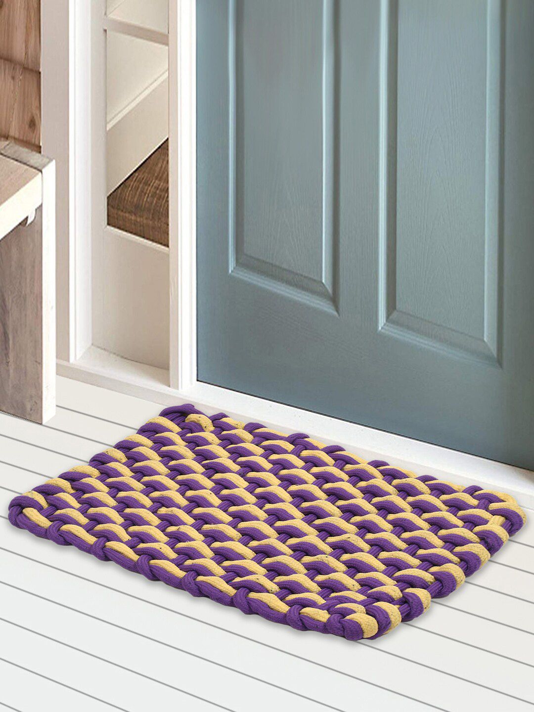 Kuber Industries Pack of 2 Purple & Yellow Striped Anti-Skid Cotton Doormats Price in India