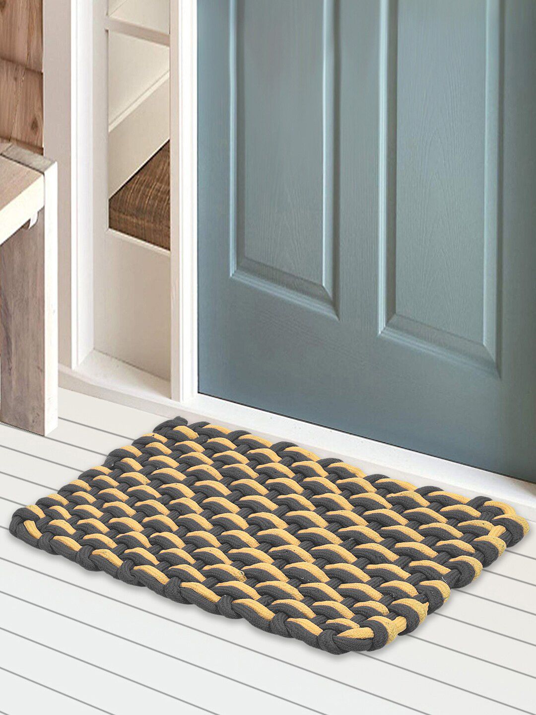 Kuber Industries Set of 2 Black & Yellow Solid Anti-Skid Cotton Doormats Price in India