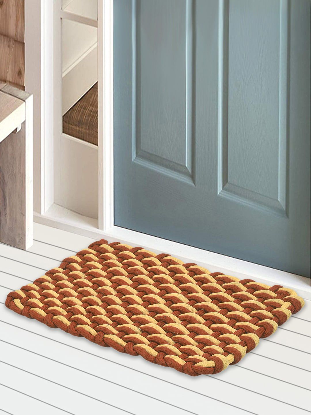 Kuber Industries Set of 3 Brown & Yellow Anti-Skid Cotton Doormats Price in India