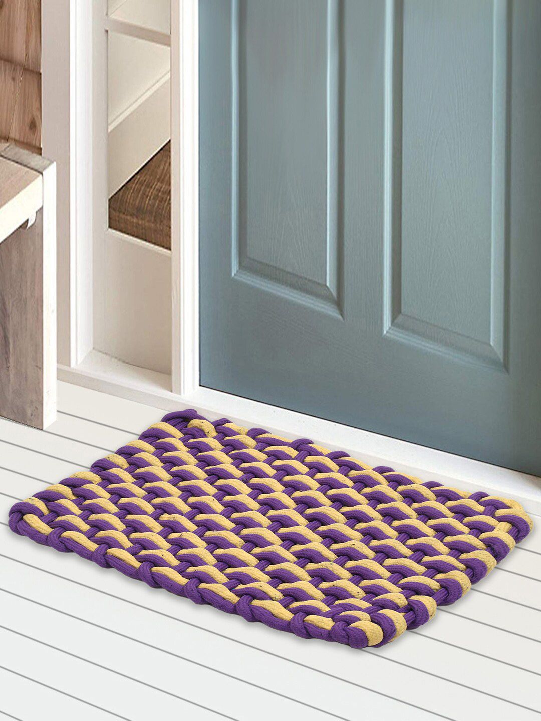 Kuber Industries Set Of 3 Purple & Yellow Textured Cotton Anti-Skid Doormats Price in India