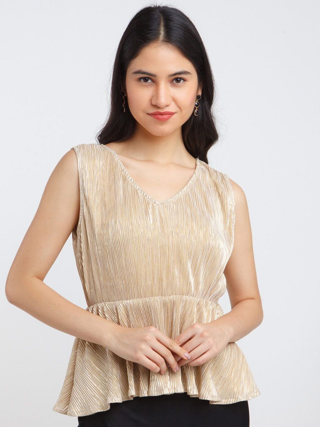 Zink London Women's Gold-Toned Striped Peplum Top Price in India