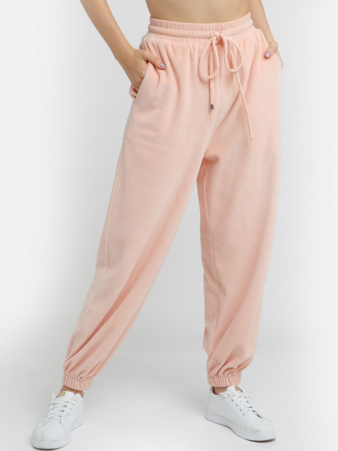 Zink London Women Peach-Coloured Solid High-Rise Joggers Price in India
