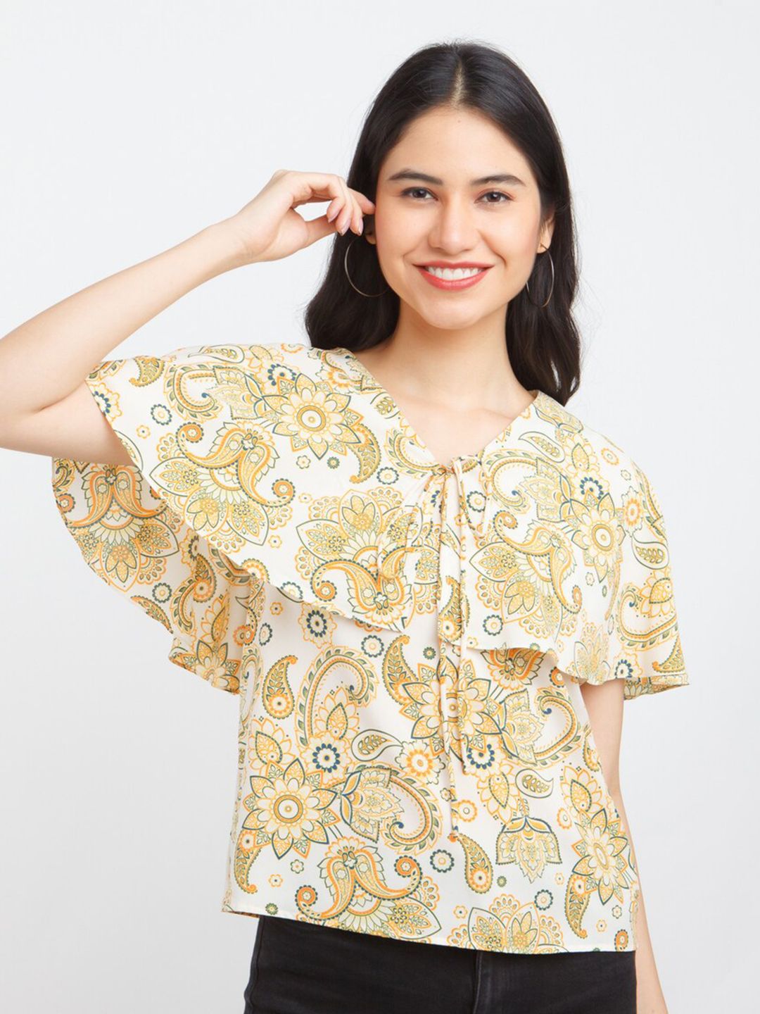 Zink London Women White & Yellow Print Top Price in India