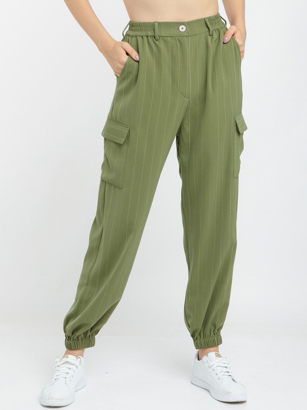 Zink London Women Green Tapered Fit High-Rise Joggers Trousers Price in India