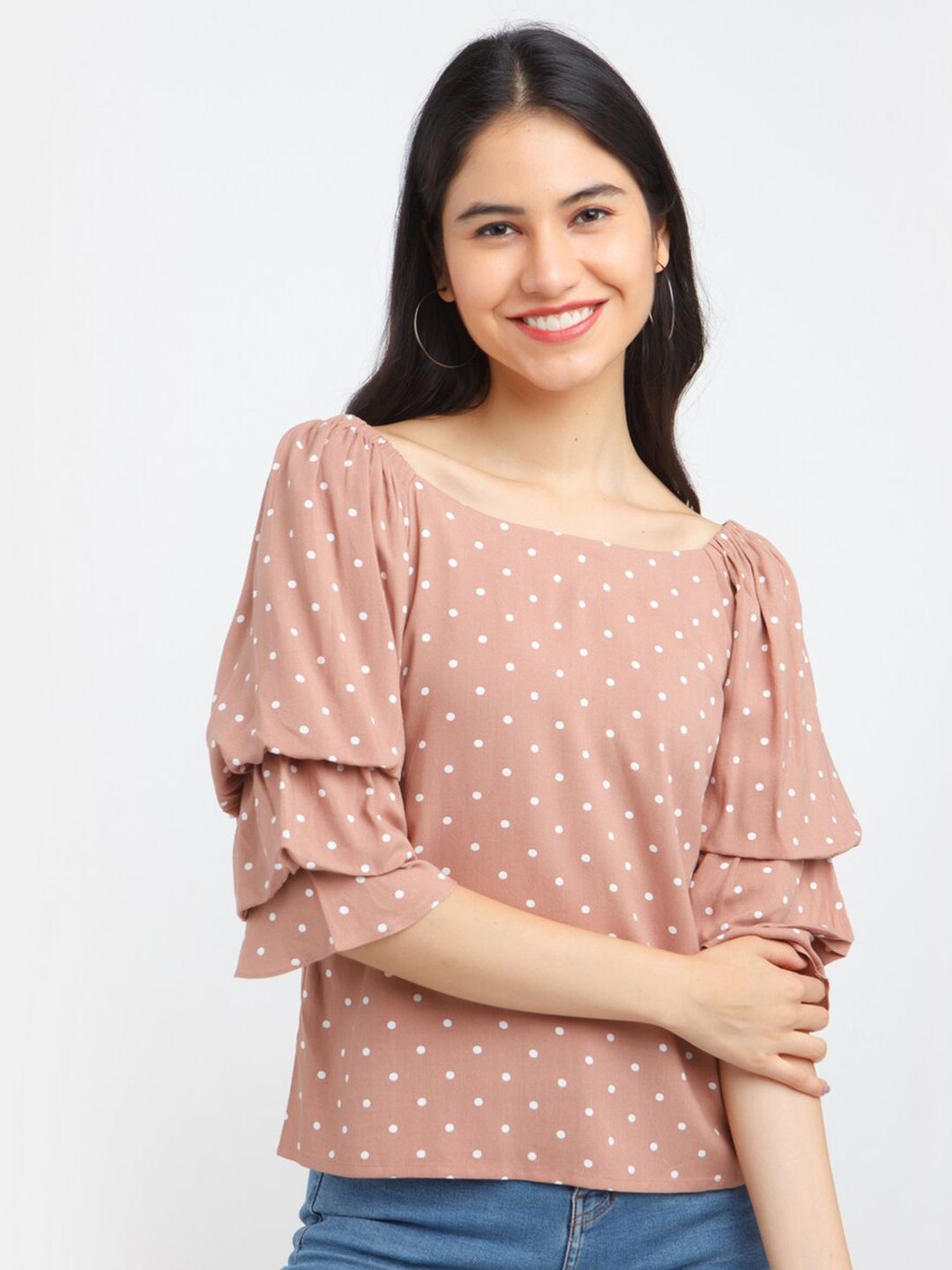Zink London Women Nude-Coloured Print Top Price in India