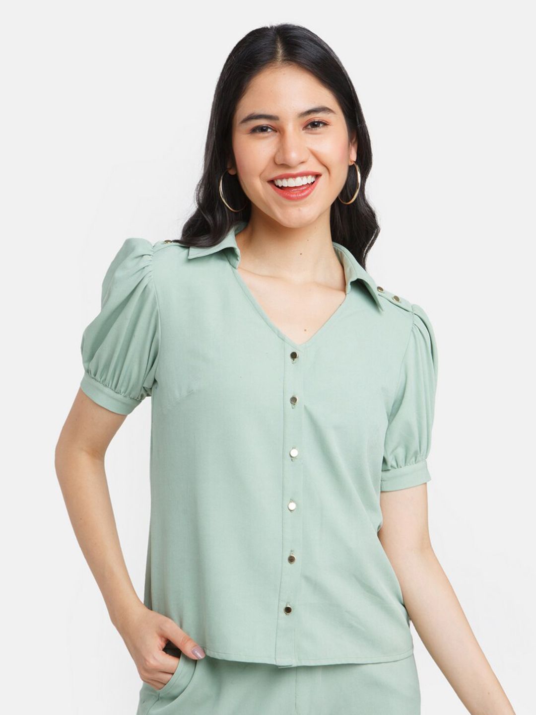 Zink London Women Solid Shirt Collar Green Top Price in India