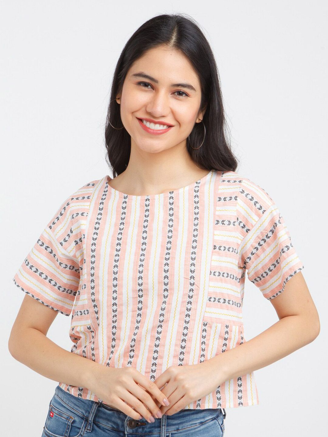 Zink London Yellow & Pink Striped Pure Cotton Crop Top Price in India