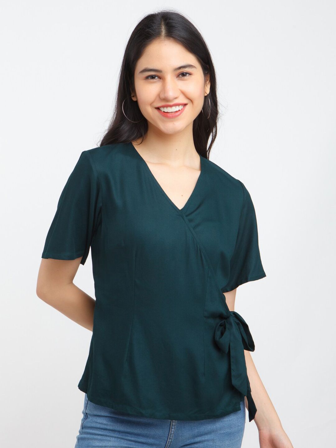 Zink London Green Solid Tie-Up Top Price in India
