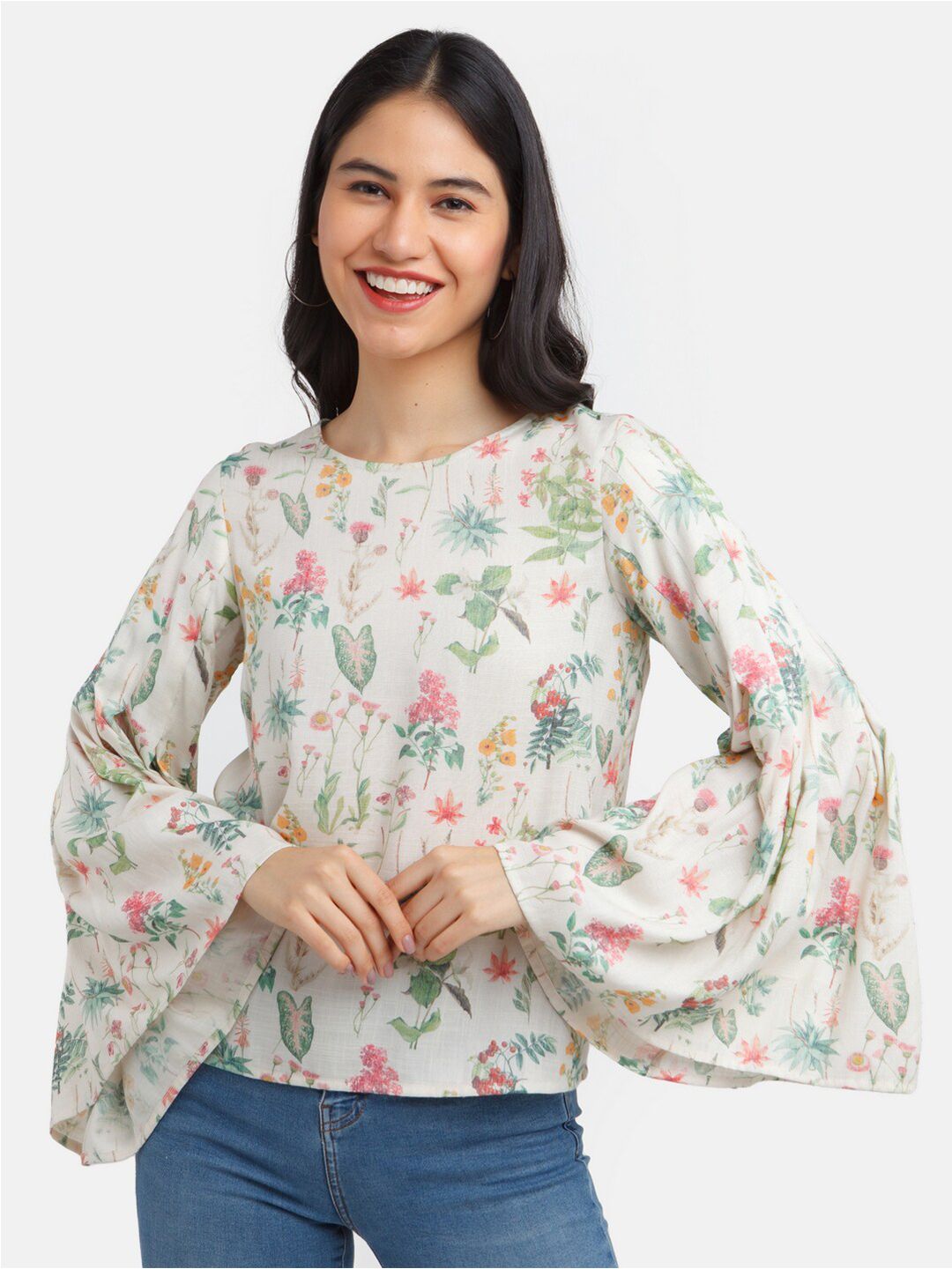 Zink London Women Off White Floral Print Top Price in India