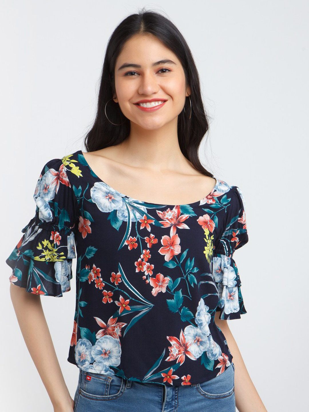 Zink London Blue Floral Print Top Price in India