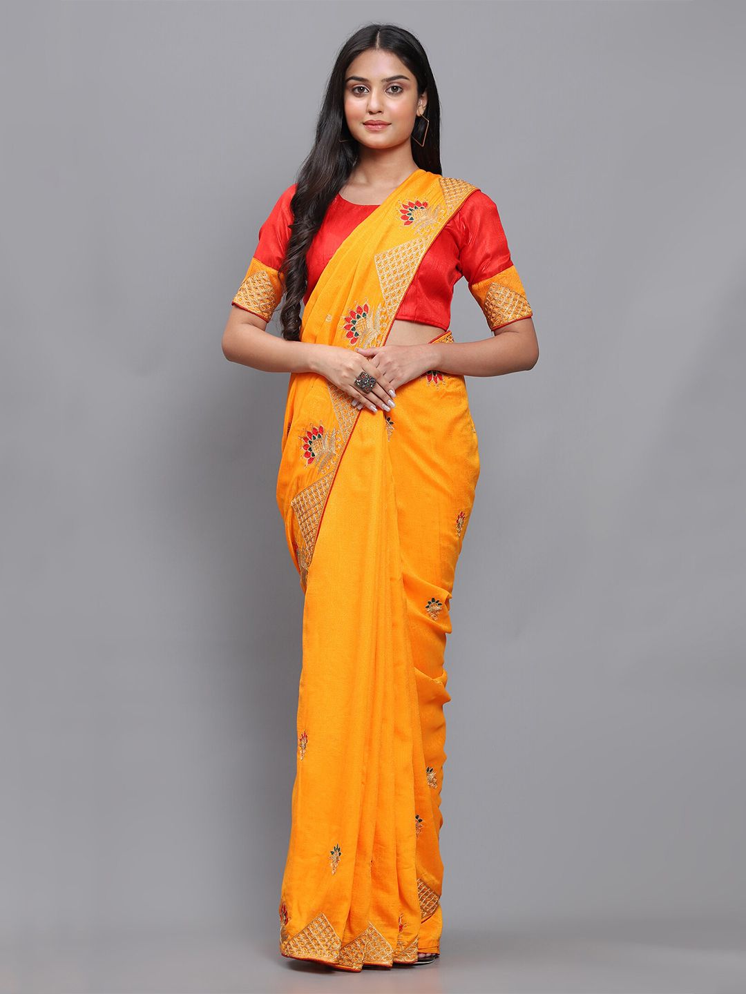 3BUDDY FASHION Yellow & Orange Floral Embroidered Jute Silk Venkatgiri Saree Price in India