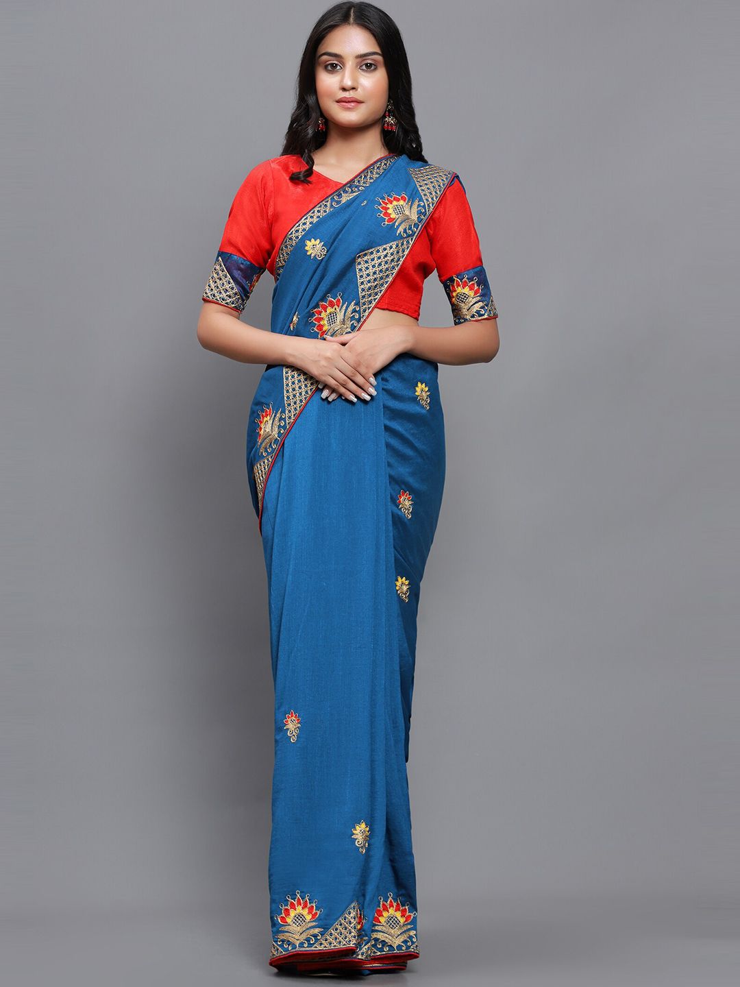 3BUDDY FASHION Turquoise Blue & Red Floral Embroidered Jute Silk Venkatgiri Saree Price in India
