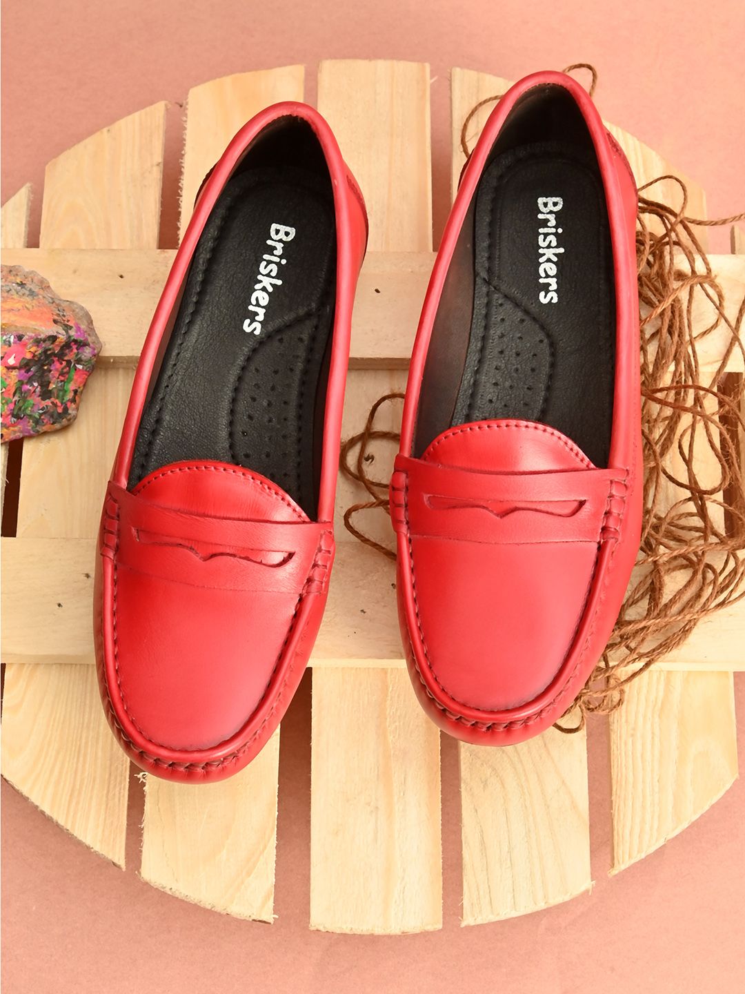 BRISKERS Women Red Leather Slip On Loafers Price in India