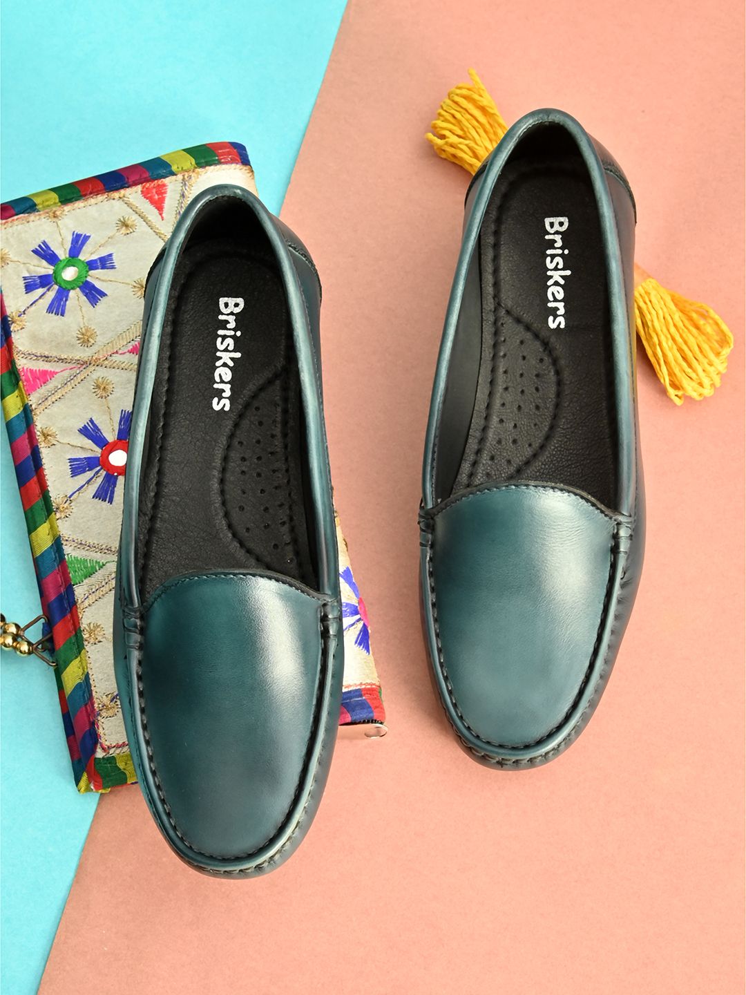 BRISKERS Women Green Leather Loafers Price in India