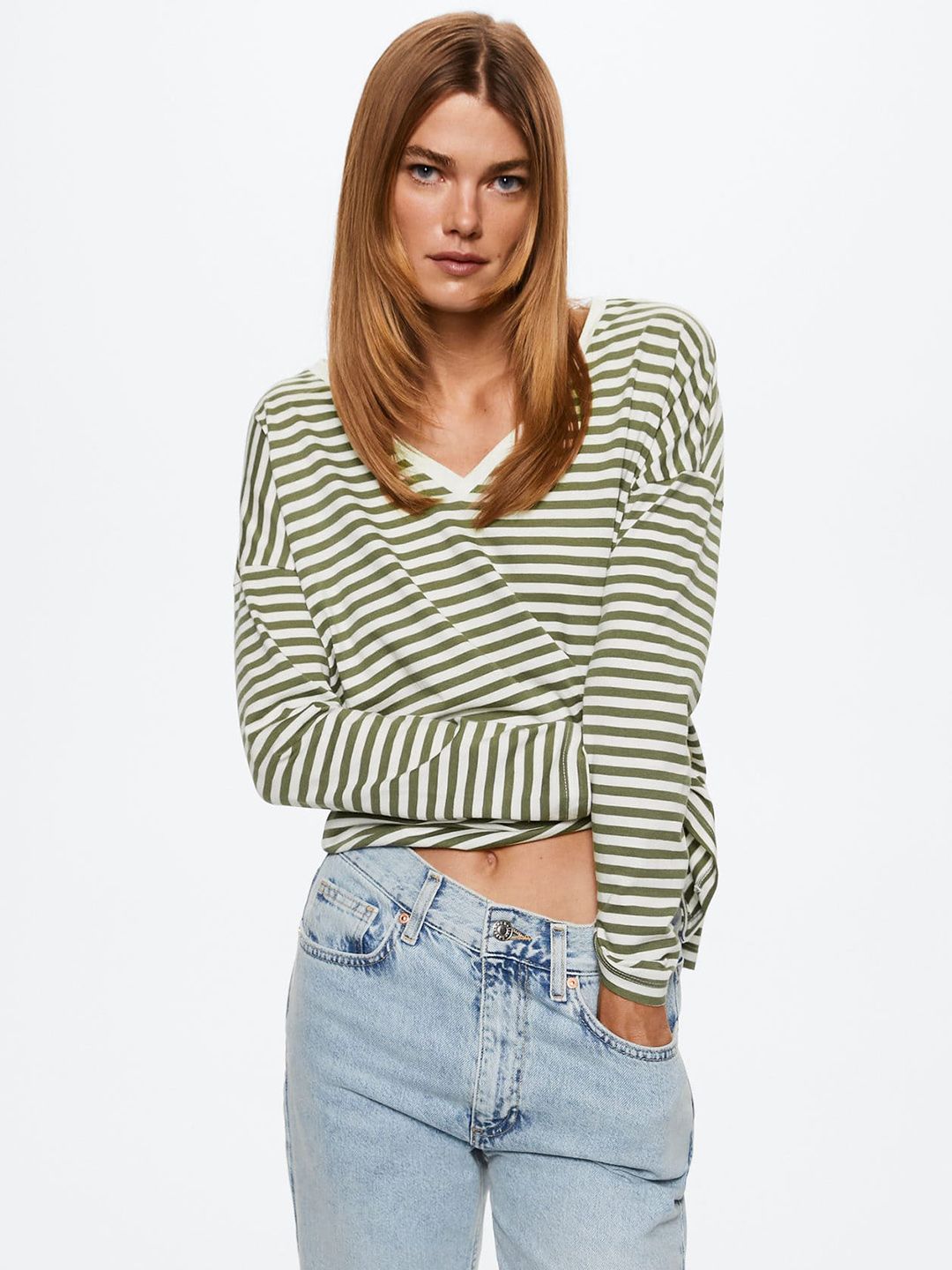 MANGO Women White & Olive Green Striped V-Neck Pure Cotton Sustainable T-shirt Price in India
