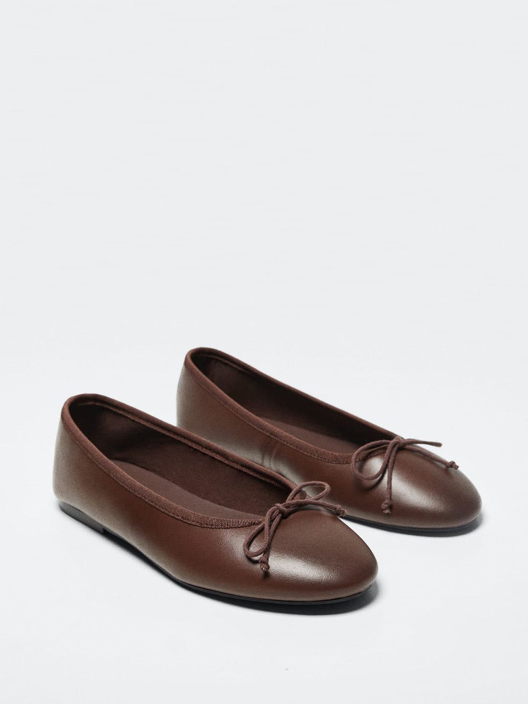MANGO Women Coffee Brown Solid Sustainable Ballerinas with Bows Flats Price in India