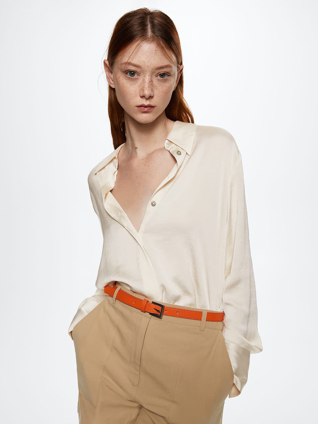 MANGO Women Off White Solid Satin Finish Casual Shirt Price in India