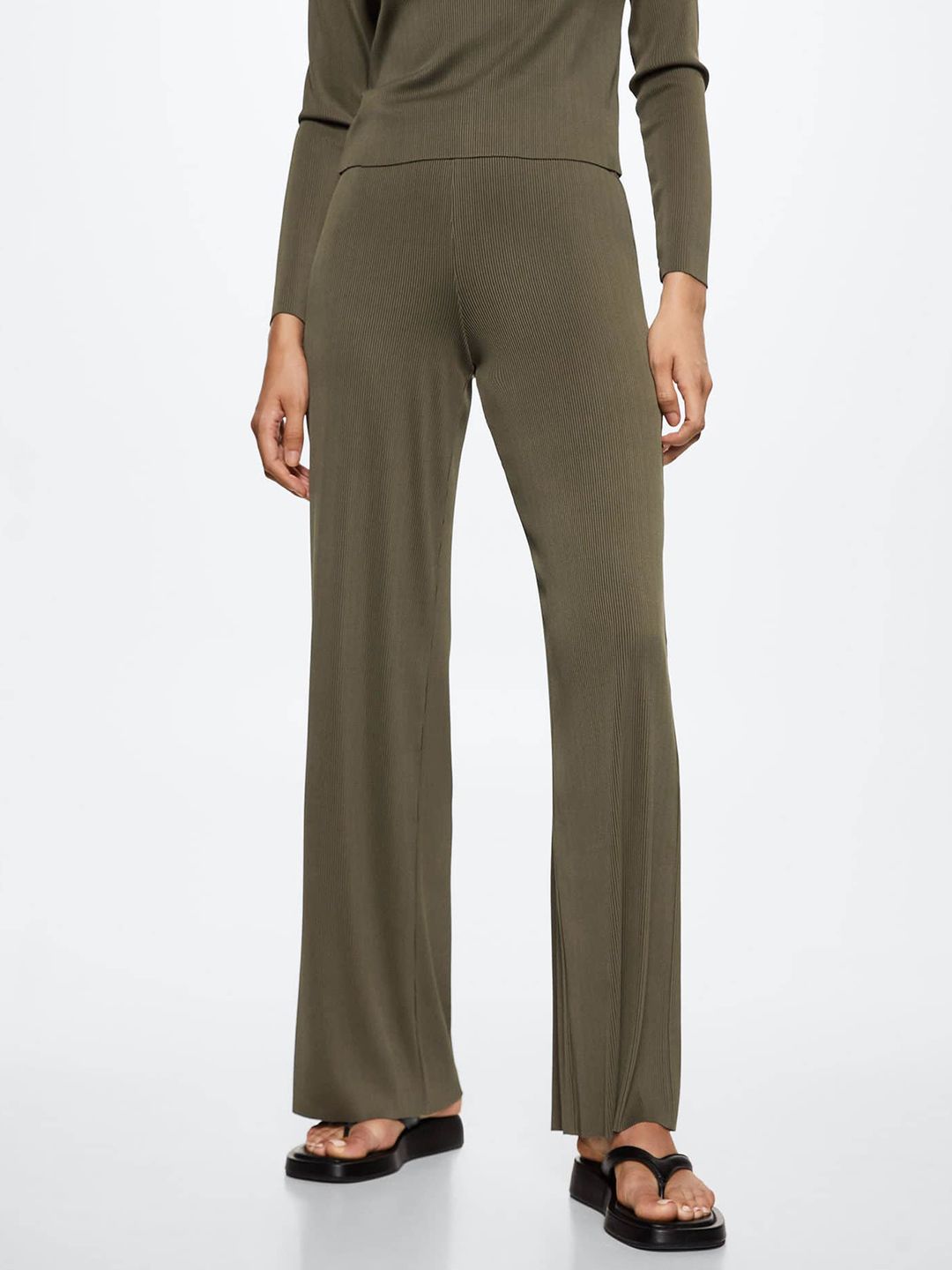MANGO Women Olive Green Solid Parallel Trousers Price in India