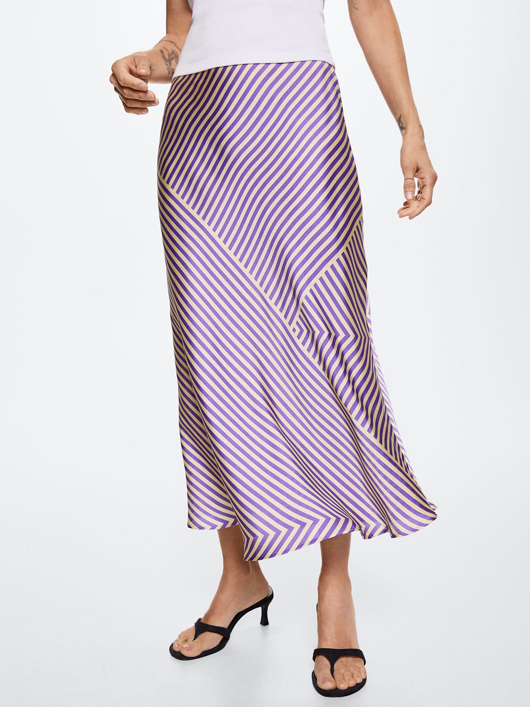 MANGO Women Beige & Purple Striped Satin Finish Flared Midi Skirt Price in India