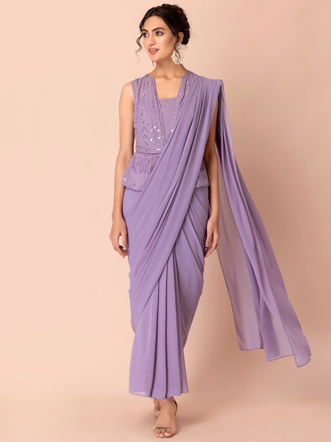INDYA Lavender Sequinned Draped Ready To Wear Saree Price in India