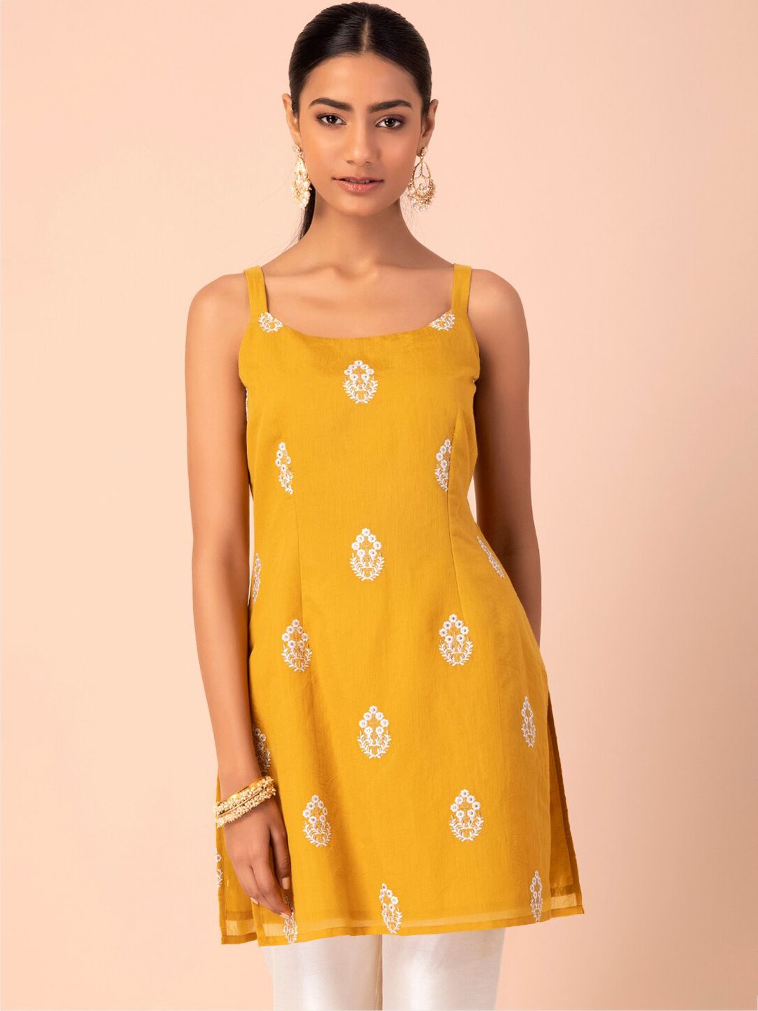 INDYA Women Yellow & White Floral Embroidered Kurti Price in India