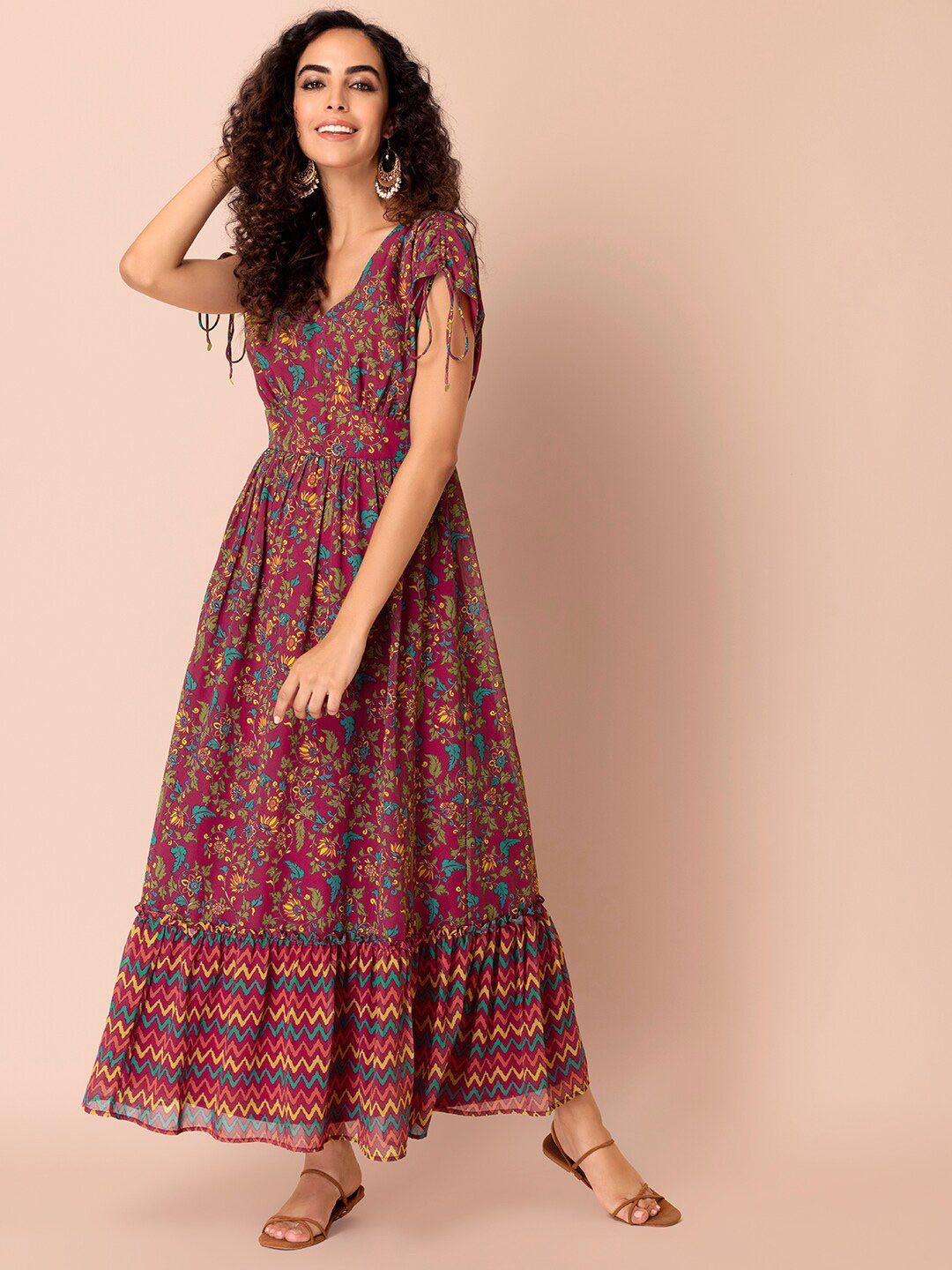 INDYA Women Pink Kalamkari Printed Maxi Dresses Price in India