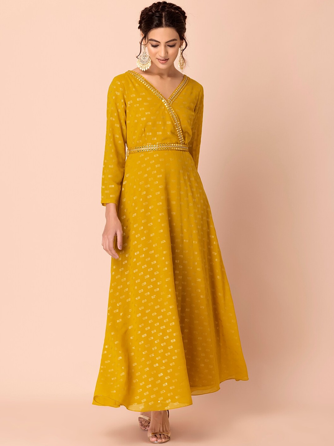 INDYA Women Yellow Ethnic Motifs Mirror Work Embellished Maxi Dress Price in India
