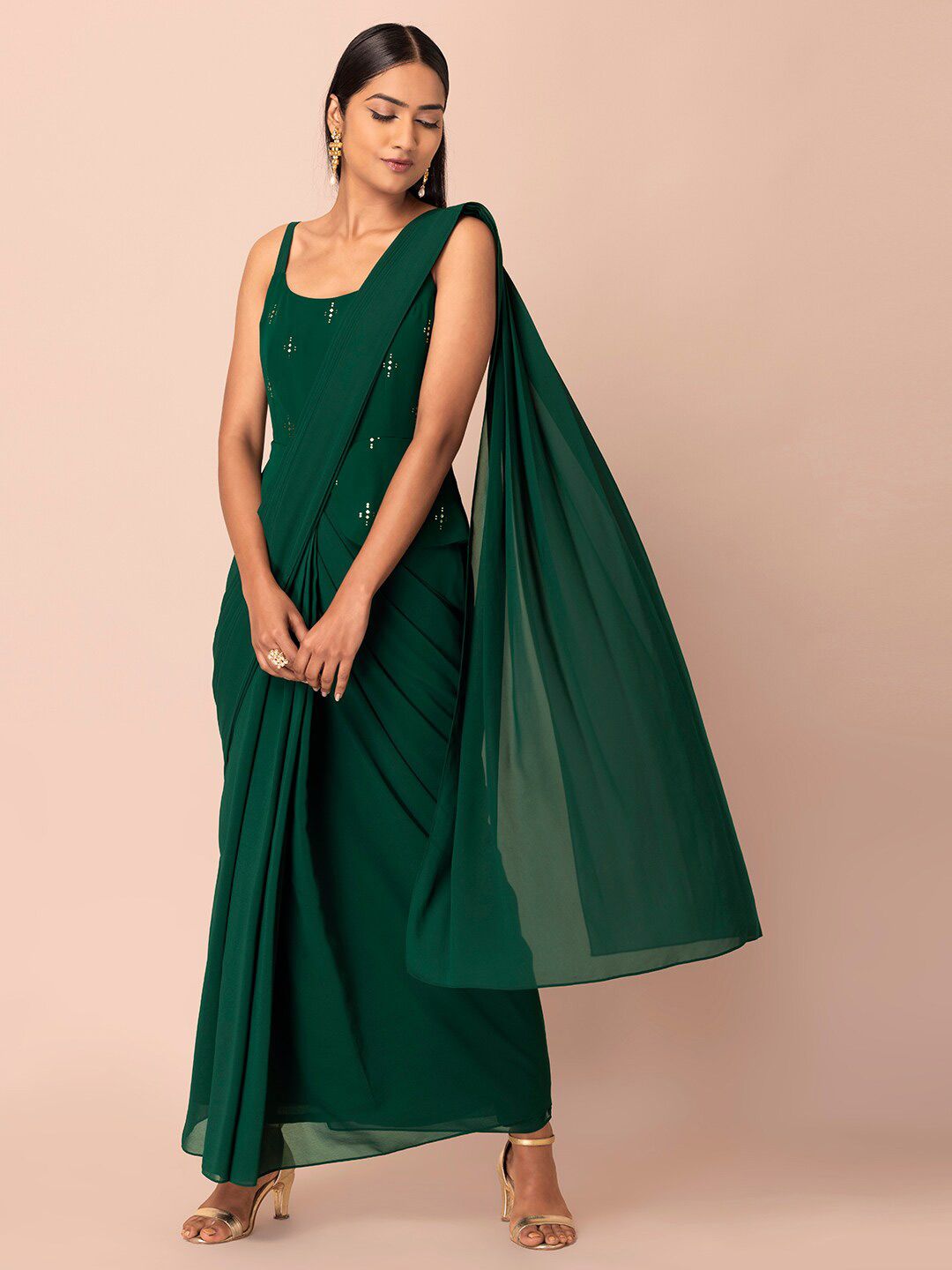 INDYA Green Peplum Pre Draped Ready to Wear Saree With Attached Blouse Price in India