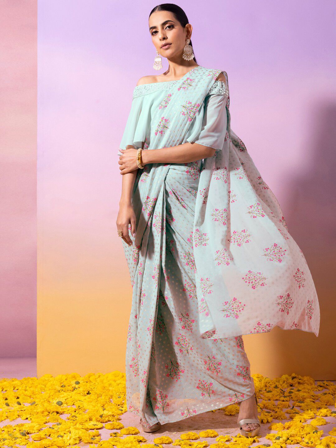 INDYA Sage Green & Pink Floral Foil Print Pre Draped Ready to Wear Saree Price in India