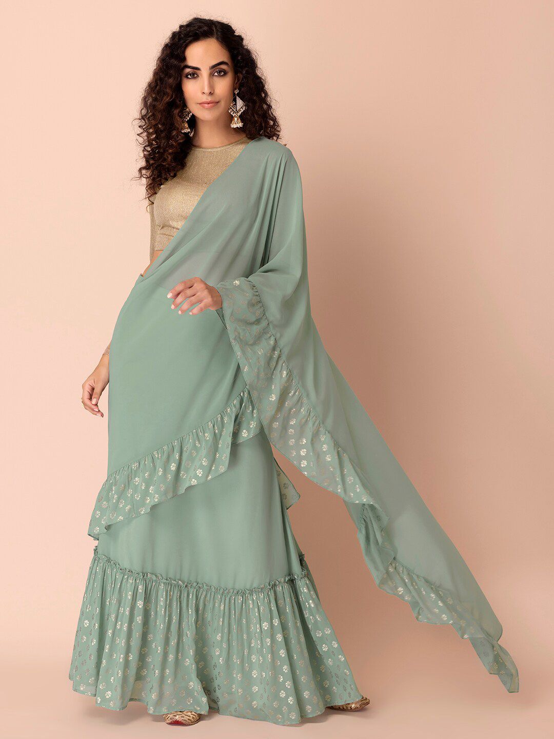 INDYA Women Sage Green Solid Ruffles Pre Draped Ready to Wear Saree Price in India