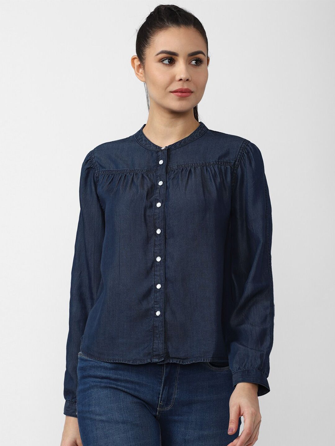 Van Heusen Woman Navy Blue Mandarin Collar Denim Shirt Style Top Price in India