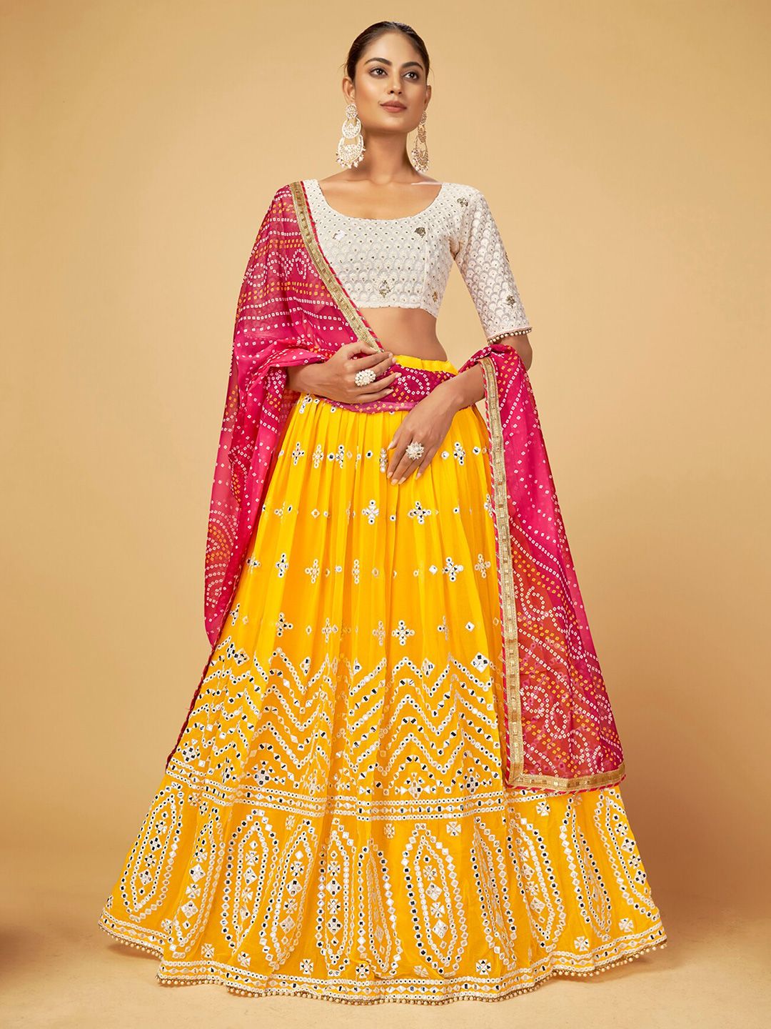 Cloth's Villa Yellow & Pink Embroidered Semi-Stitched Lehenga & Unstitched Blouse With Dupatta Price in India