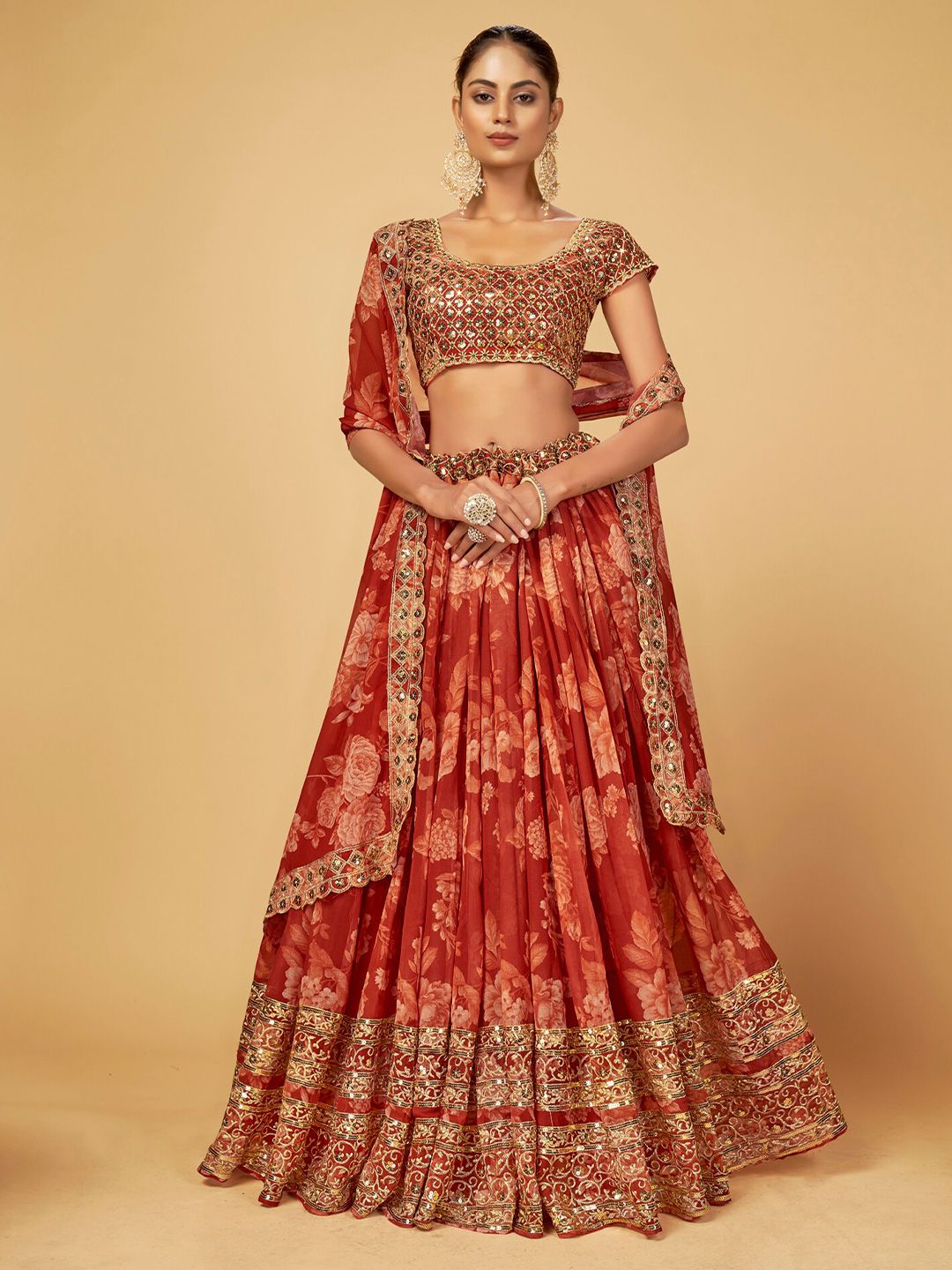 Cloth's Villa Women Red &Gold-Toned Semi-Stitched Lehenga & Unstitched Blouse With Dupatta Price in India