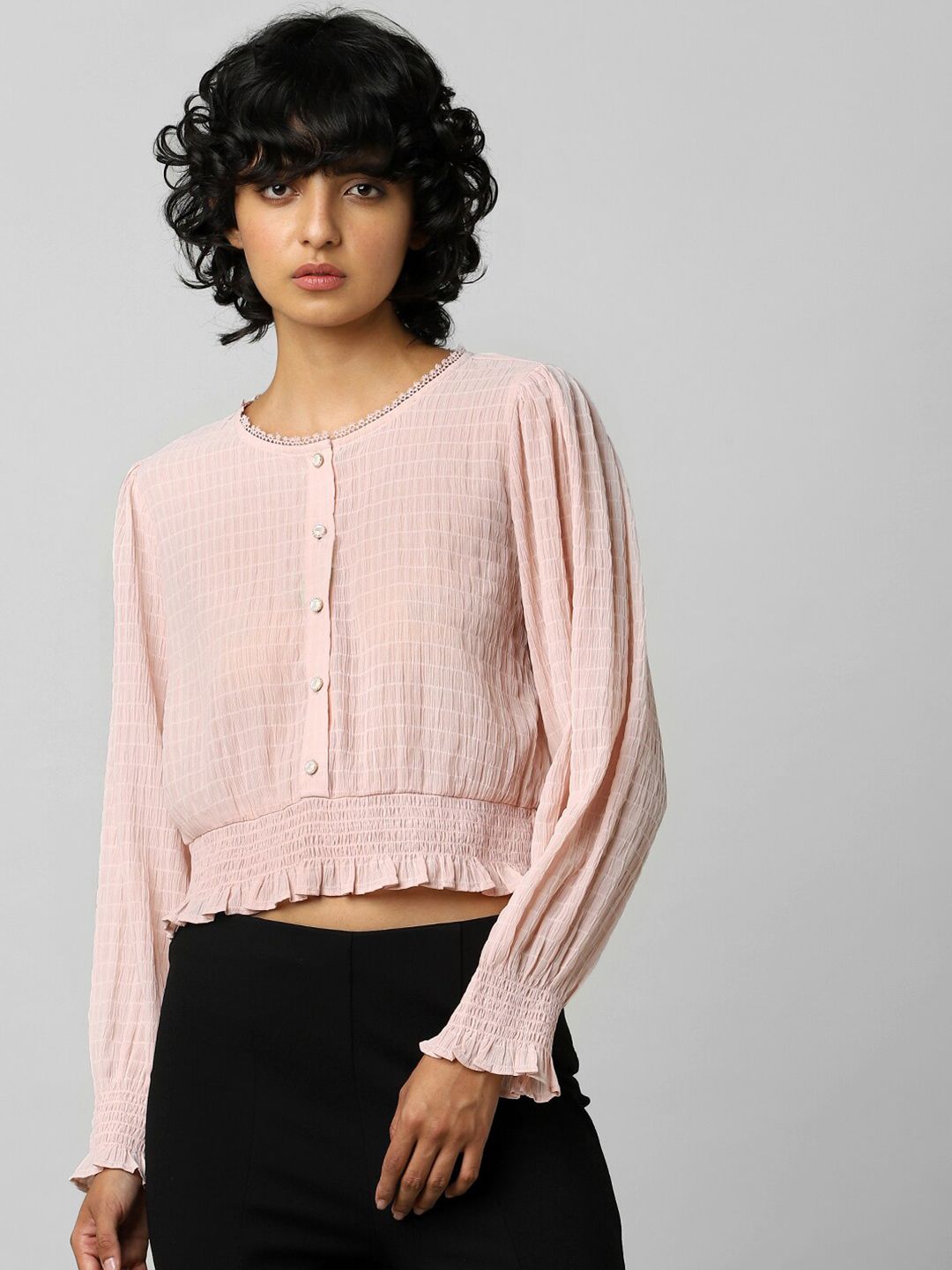 ONLY Women Pink Smocked Crop Top Price in India