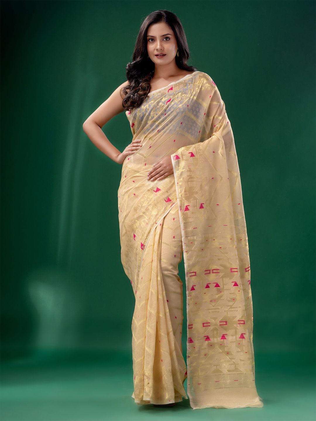 Charukriti Gold-Toned Woven Design Zari Silk Cotton Jamdani Saree Price in India
