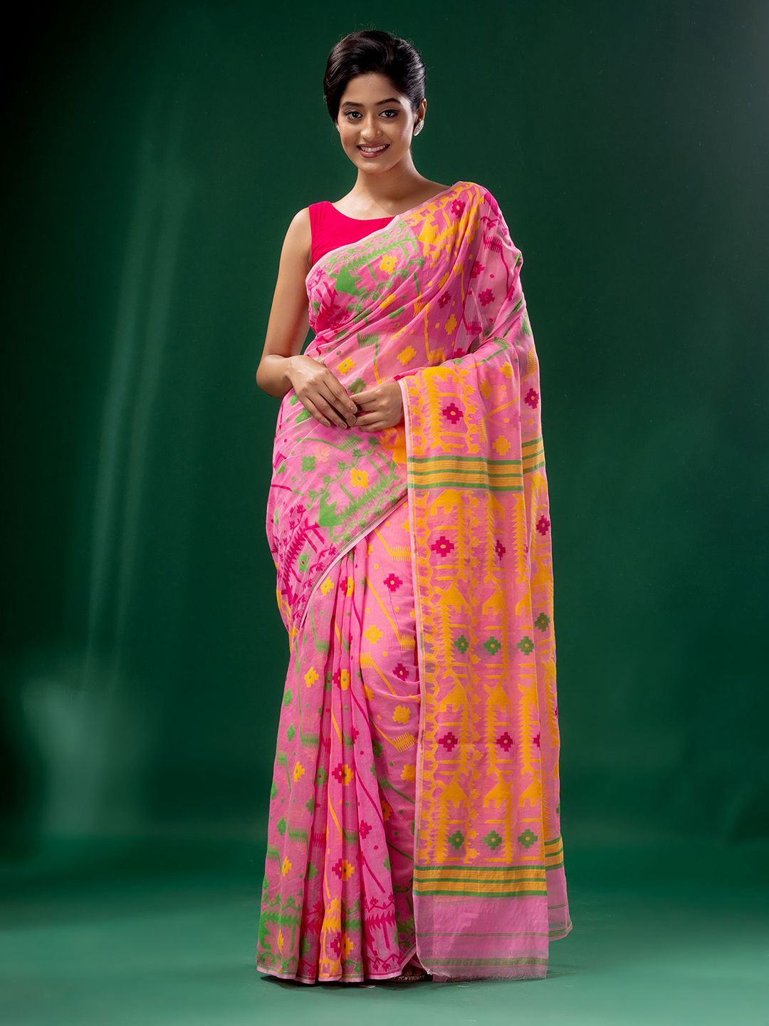 Charukriti Pink & Yellow Woven Design Zari Silk Cotton Jamdani Saree Price in India
