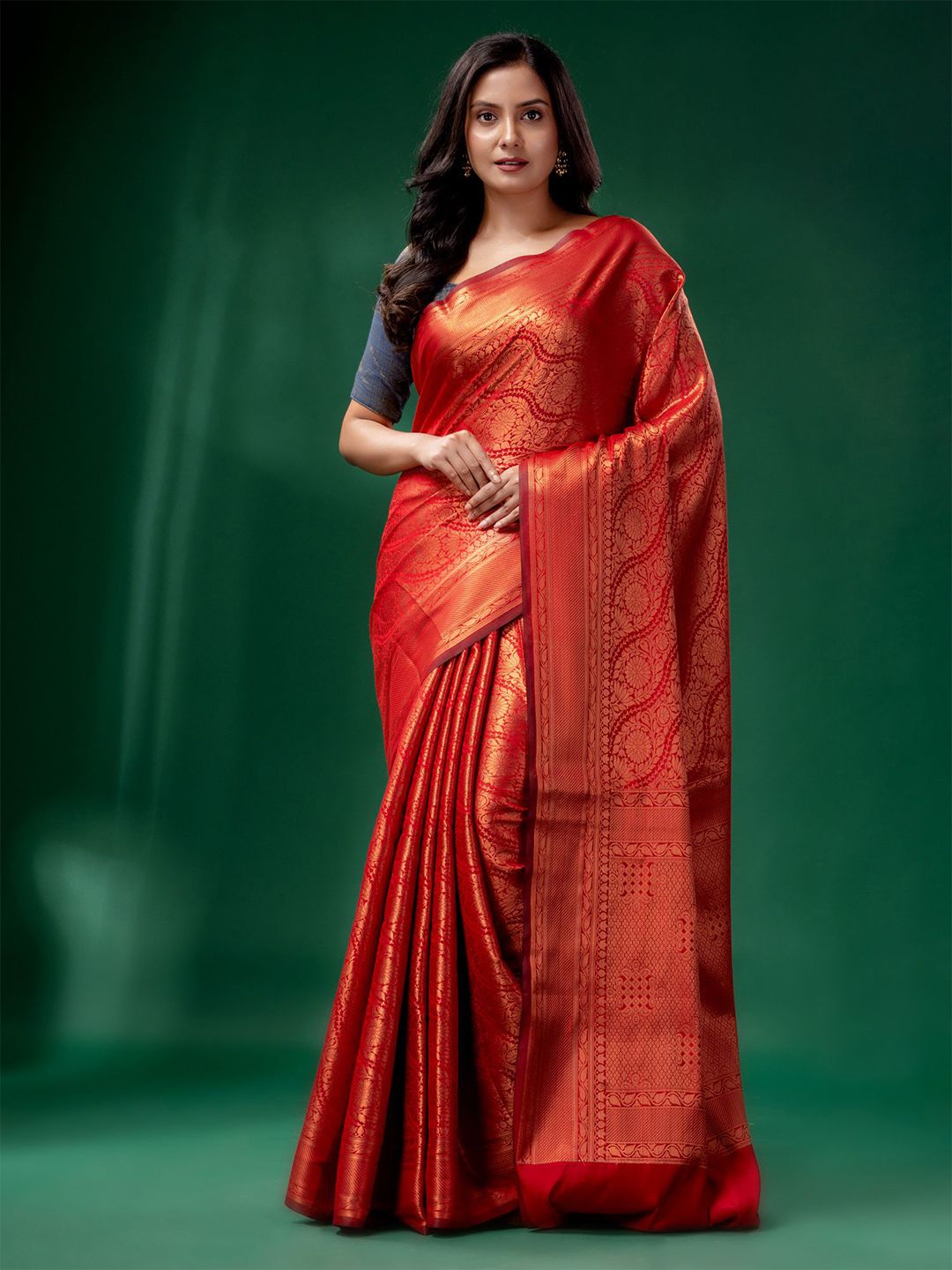 Charukriti Red & Gold-Toned Woven Design Zari Brocade Saree Price in India