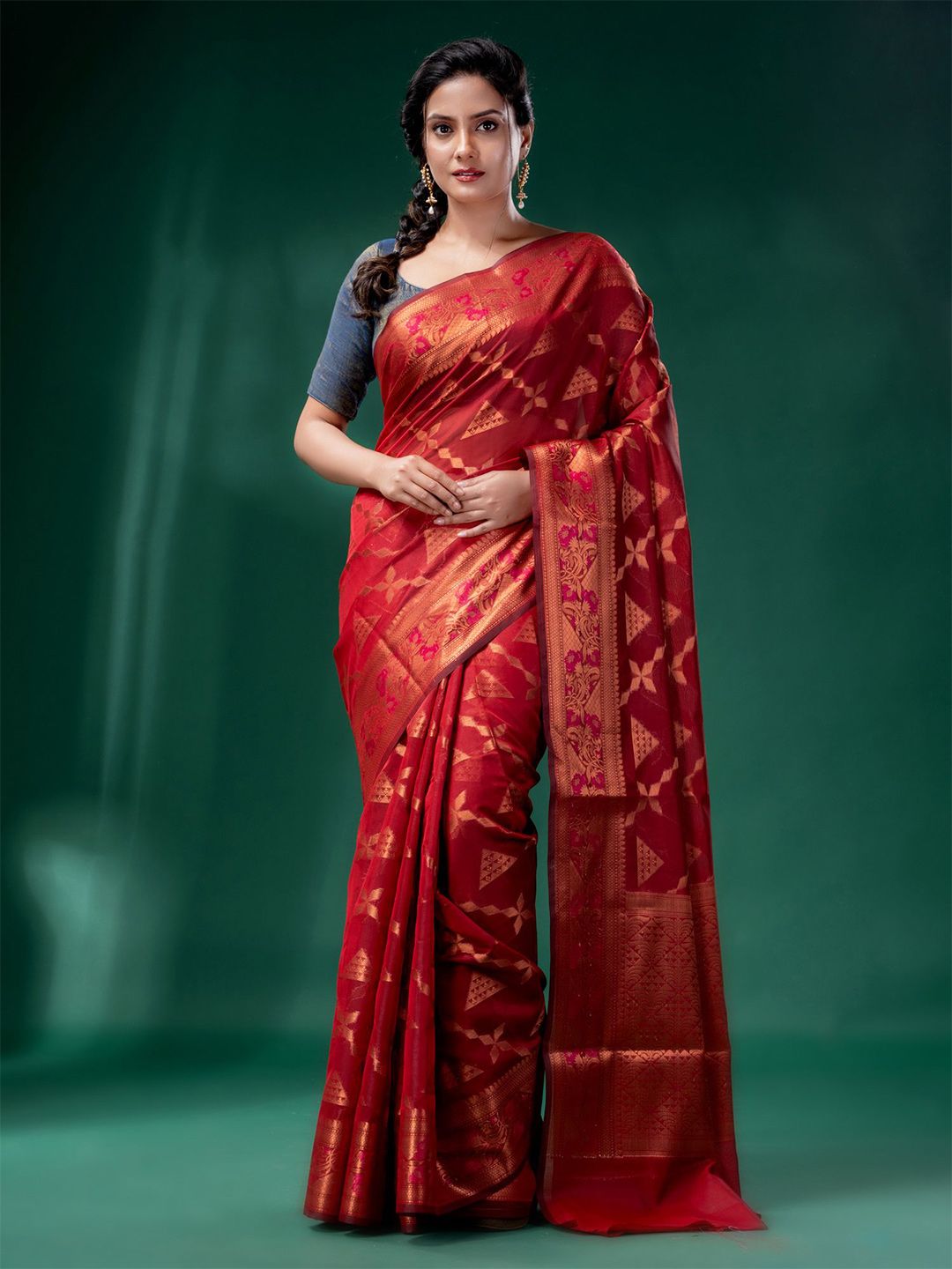 Charukriti Red & Gold-Toned Woven Design Zari Silk Cotton Saree Price in India