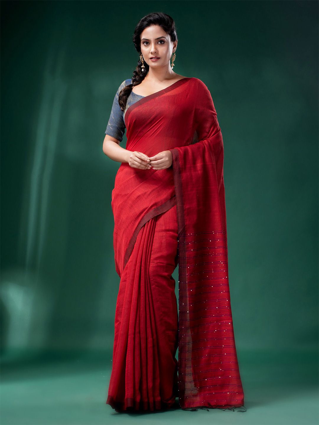 Charukriti Women  Red Embellished Saree Price in India