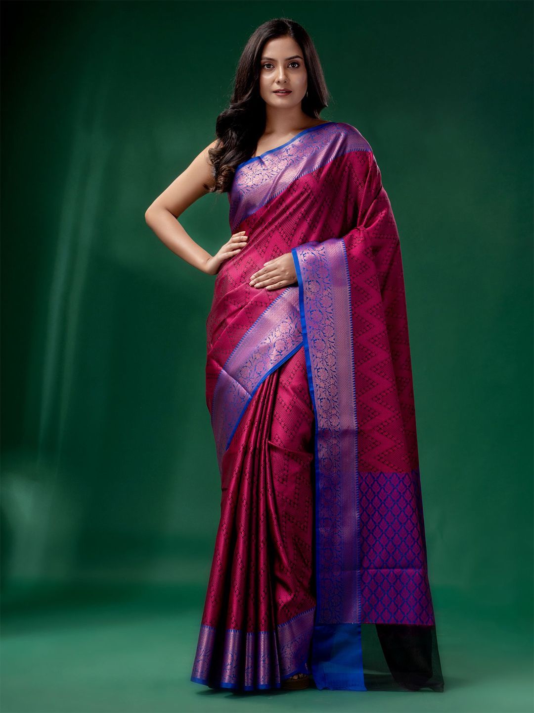 Charukriti Women Magenta & Purple Woven Design Zari Organza Saree Price in India
