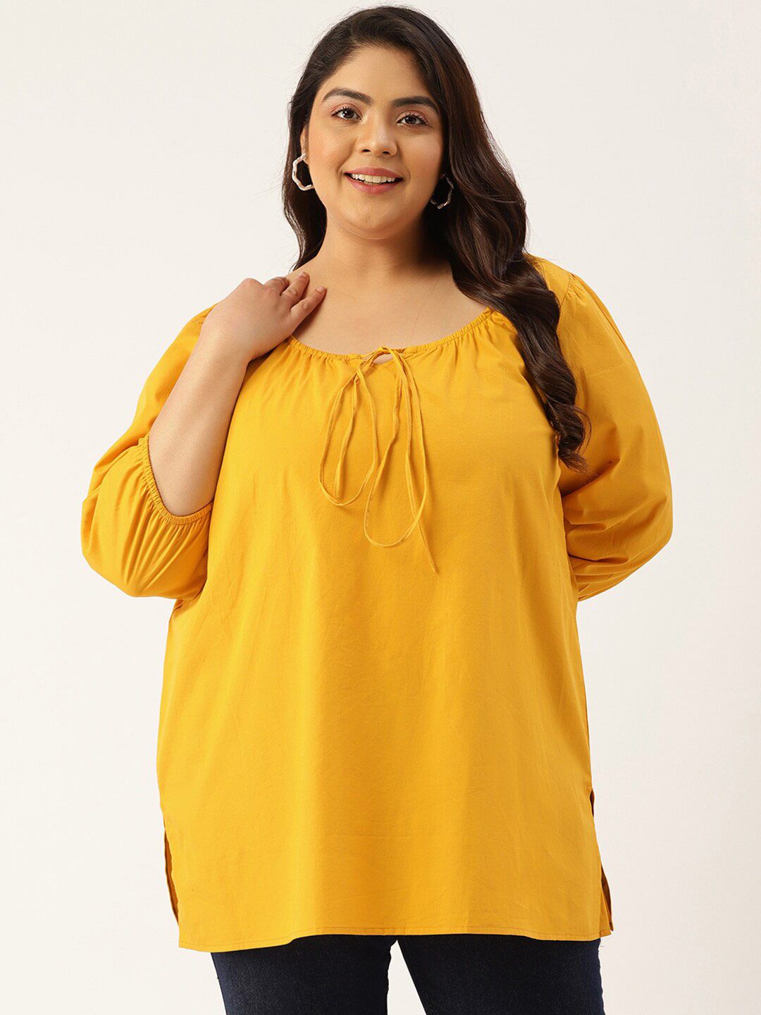 theRebelinme Women  Mustard Yellow Tie-Up Neck plus size  Top Price in India