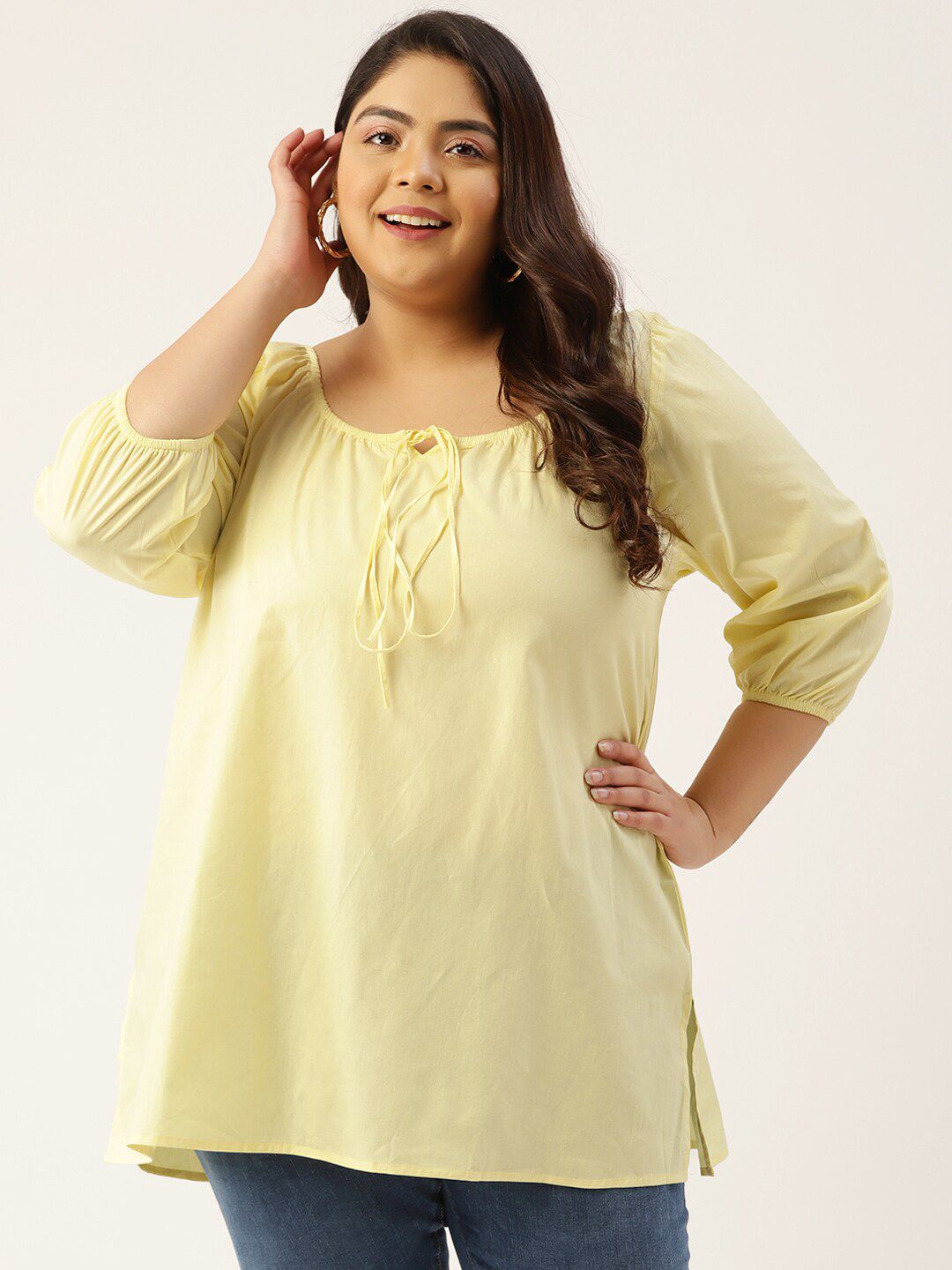 theRebelinme Plus Size Women's Lime Green Tie-Up Neck Top Price in India