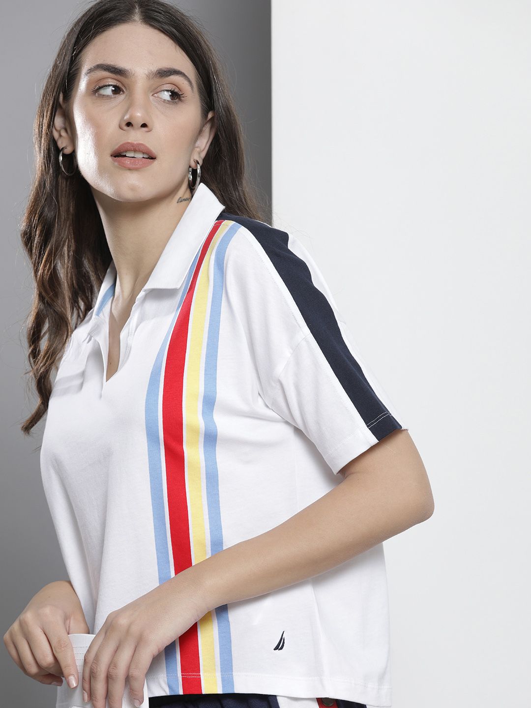 Nautica White & Blue Vertical Placement Stripes Shirt Collar Extended Sleeves Boxy Top Price in India