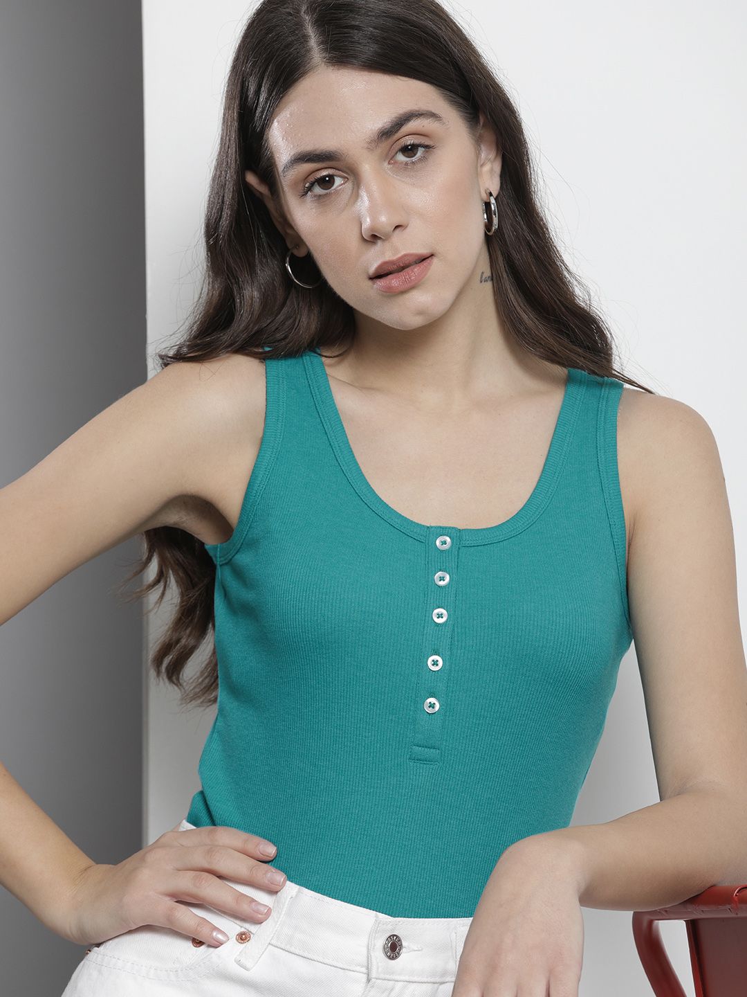 Nautica Teal Green Solid Round Neck Knitted Tank Top Price in India