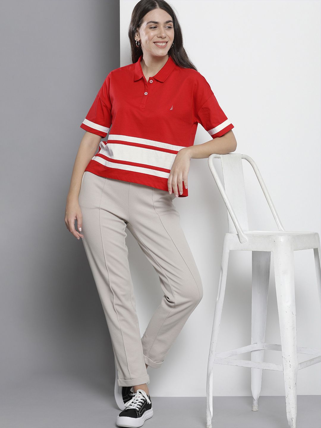 Nautica Red & White Colourblocked Drop Shoulder Sleeves Pure Cotton Boxy Top Price in India